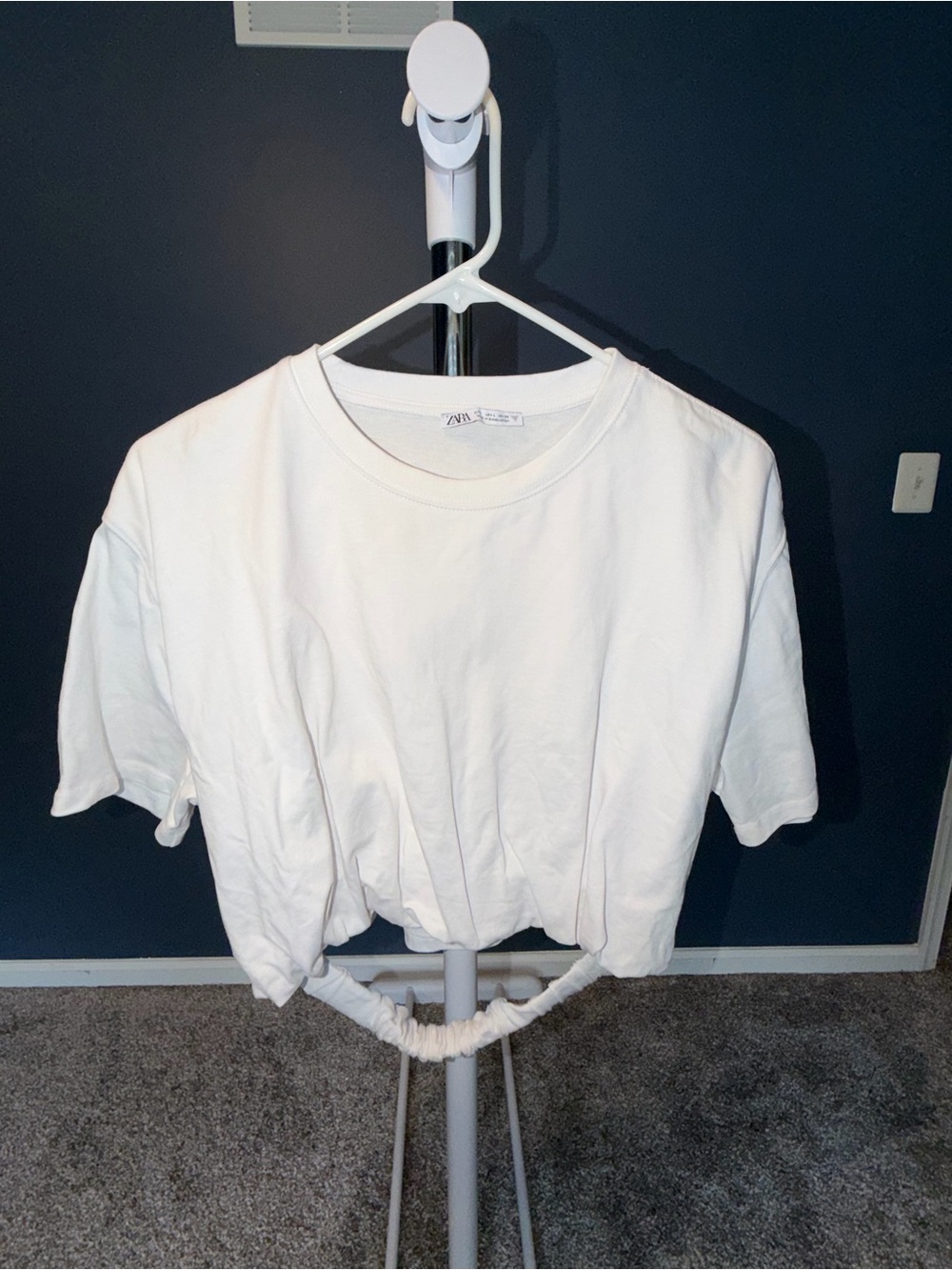 Zara White Cropped Gathered-Hem Tee
